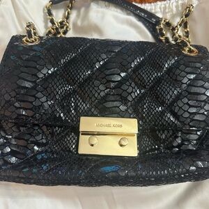 Michael Kors Black Quilted Snake-Embossed Shoulder Bag with Gold Hardware